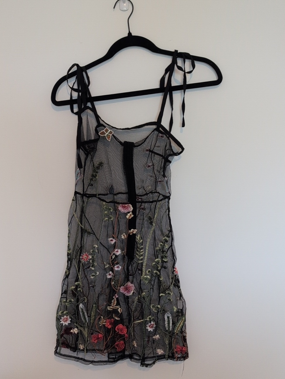 Ethereal Whimsigoth Black Mesh Embroidered Floral Print Shoulder Tie Mini Dress